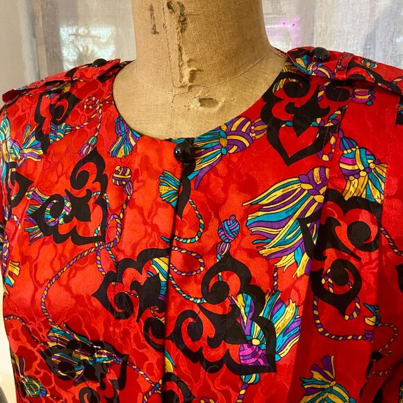 vtg 80s ADRIANNA PAPELL Red Tassel Print Silk Cocktail Dress Mod Wife Baroque 6 - Picture 4 of 10